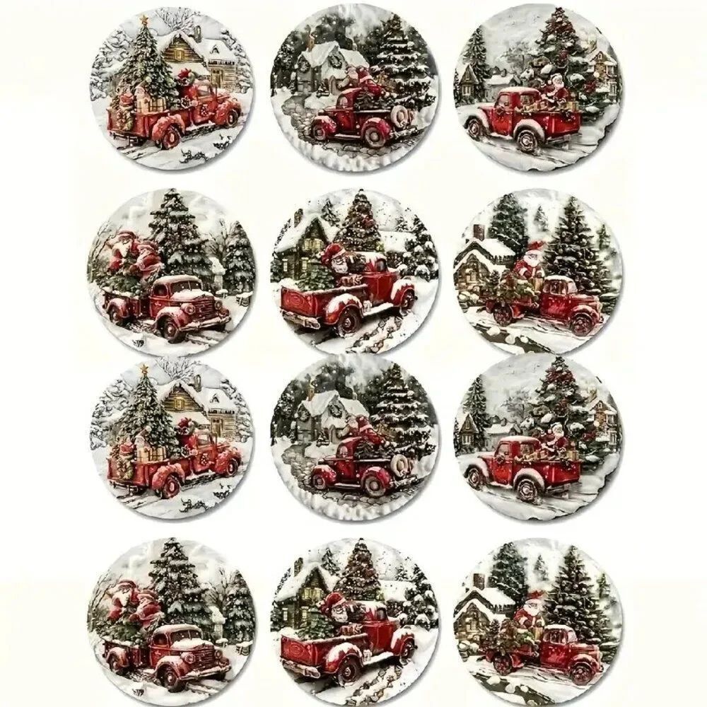 Festive Holiday 12pcs Set of Wooden Coasters, Christmas Tree & Santa